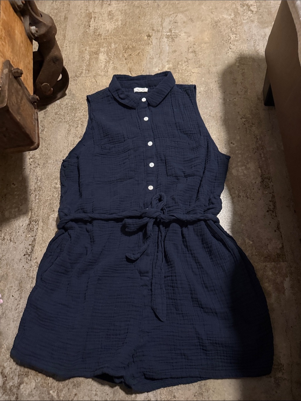 Z Supply Navy Sleeveless Button-Front Romper with Self-Tie Waist